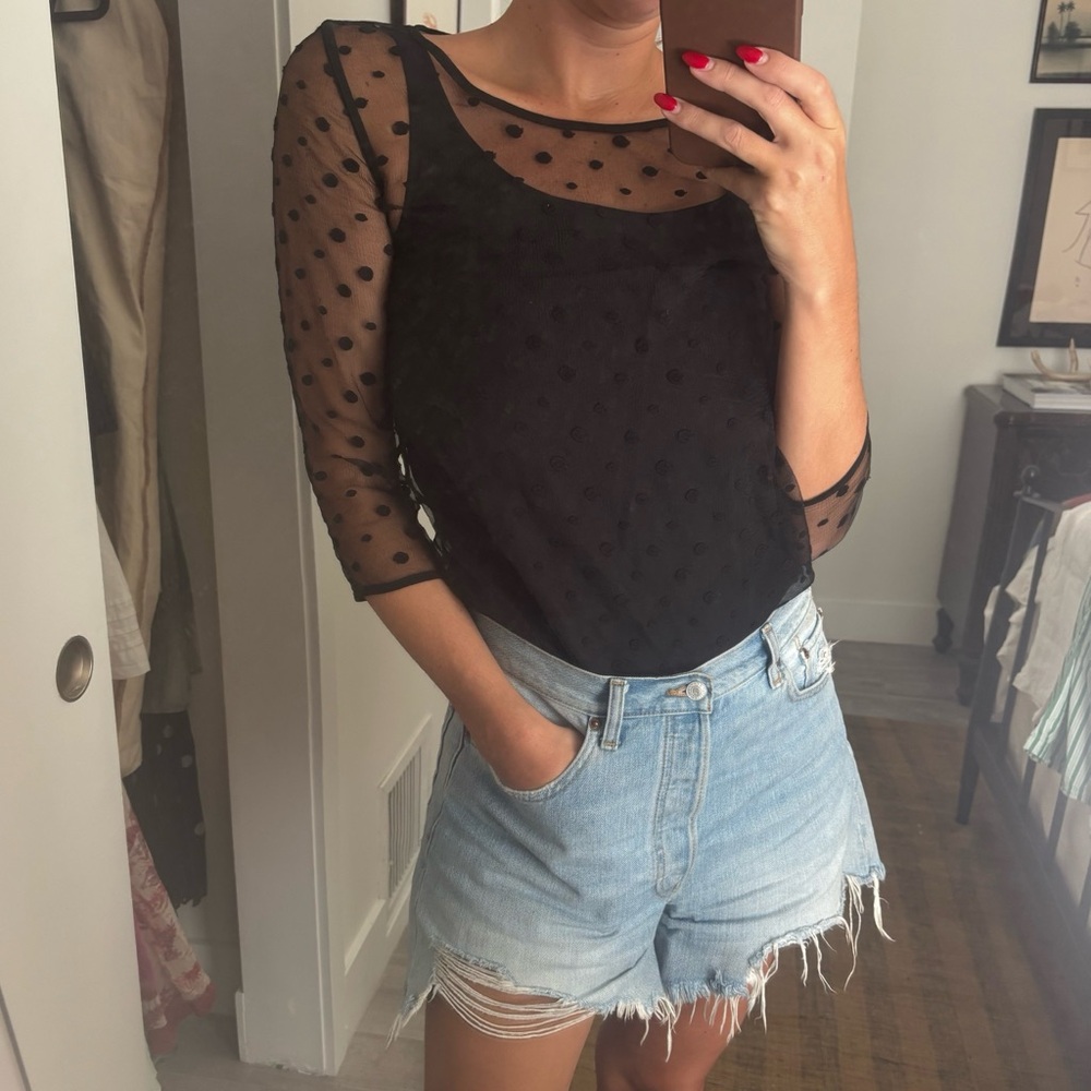 Club Monaco Black Sheer Polka Dot Overlay Camisole